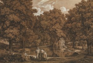 Arkadisk landskab med tre figurer ved en sø, 1792.