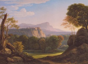 Tysk: Italienische Landschaft mit Schloss auf einem Bergrücken Italiensk landskab med slot på en højderyg af Johann Christian Reinhart