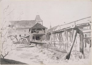 Træbro med stemmeværk og vandmølle af Johann Christian Reinhart