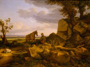 Italiensk landskab med hvilende jæger, selvportræt af Johann Christian Reinhart