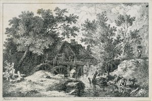 Landskab med vandmølle (første forsøg på kobberstik) af Johann Christian Reinhart