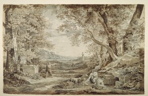 Landskab med antikke monumenter („Opfindelsen af det korintiske kapitæl“) af Johann Christian Reinhart