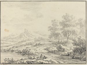 To mænd hviler i nærheden af en sø. af Johann Christoph Dietzsch