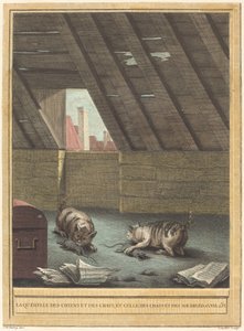 Katte- og hundes skænderi og katte og mus af Johann Christoph Teucher after Jean Baptiste Oudry