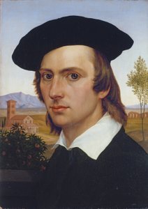 Selvportræt med baret foran et romersk landskab af Johann David Passavant