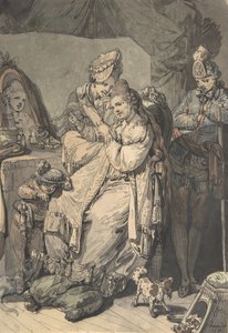 En kvinde ved sit toilet med en tjenestepige, en dreng, en hund og en ung soldat, verso: En skitse..., 1770.