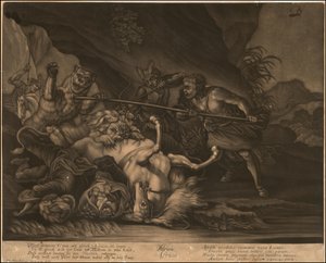 Ca. 1770 allegorisk mezzotinte af Afrika af Johann Elias Ridinger