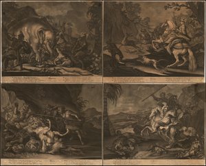 Ca. 1770 allegoriske mezzotinter af Afrika, Asien, Amerika og Europa på én side af Johann Elias Ridinger