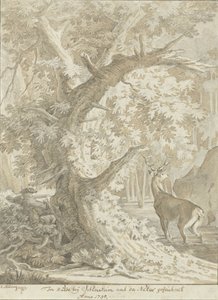 Jæger lægger til på en kronhjort i vandet under et gammelt træ af Johann Elias Ridinger