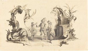 Cartouche Moderne med et ungt par, der serveres vin af Johann Esaias Nilson