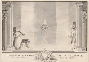 To skuespillere kigger gennem et teatergardin, mens andre forbereder lysene af Johann Esaias Nilson