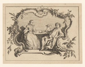 Kvinde og mand ryger pibe ved bordet i en cartouche Rygere på rokoko ornament (serietitel)