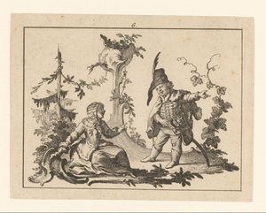 Siddende kvinde med en stående mand med en pibe ved siden af ​​sig på en rokoko ornament Rygere på rokoko ornament (serietitel)