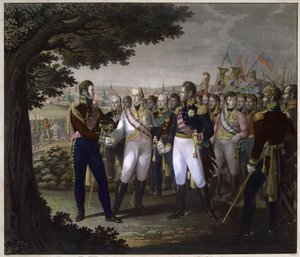 Den russiske zar Alexander I (1777-1825), den østrigske kejser Francois I (1768-1835) og den preussiske kong Frederic Guillaume (Frederic-Guillaume) III i Prag den 18. marts 1813 - Mødet mellem kejserne Frans I af Østrig, Alexander I af Rusland og Fre