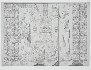 Relief forestillende en præst med offergaver fra Soltemplets helligdom, Palenque, plader 29 og 30 fra Mexicos gamle monumenter, indgraveret af Werner, 1866