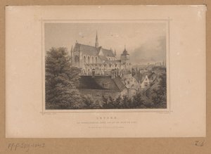 Udsigt over Hooglandse Kerk i Leiden Leyden, De Hooglandsche kerk, set fra burg (titel på objekt) af Johann Gabriel Friedrich Poppel