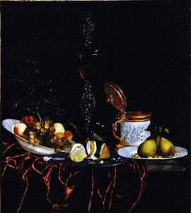 Et stilleben på et marmorbord, delvist dækket med en rød fløjlsdug (olie på lærred)