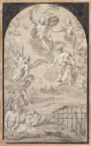 Helgen, der går i forbøn med Kristus for ikke at kaste torden over byen Augsburg af Johann Georg Melchior (1625 1705) Schmittner