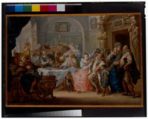 Interiør med elegante figurer i maskeradedragt fest af Johann Georg Platzer
