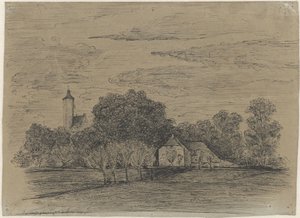Landskab med gård og tårn af Johann Georg Schwartze (possibly)