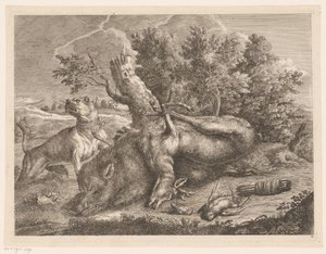 Jagthund og bytte med orner, rådyr og fugle Jagtstøvler (serietitel) af Johann Georg Wachsschlunger