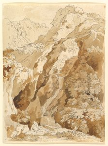 Liggende mand i et bjerglandskab med vandfald af Johann Georg von Dillis