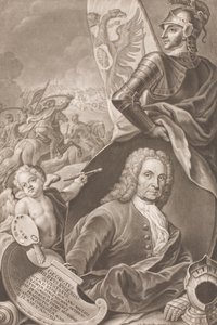 Buste af maleren Georg Philipp Rugendas med en kampscene i baggrunden