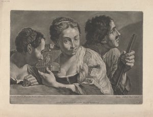 To kvinder, der lytter til en fugl, med en mand, der holder en pistol
