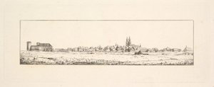 Udsigt over en gammel by med en kirke og høje gavlhuse.n.d. af Johann Gottfried Schadow