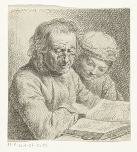 Mand og dreng læser i en bog af Johann Gottlieb Glume