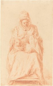 Ung kvinde syr med en hund hvilende på hendes skød af Johann Gottlieb Glume