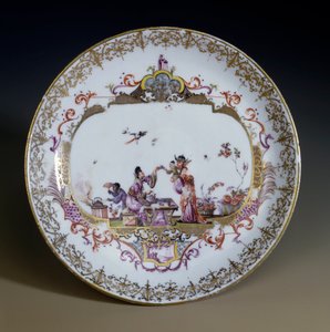 Tysk kunst: Meissen Porcelæn. Chinoiserie, der repræsenterer asiatiske karakterer, der drikker teen. Underkop dekoreret af Johann Gregor Hoeroldt (eller Herold 1696-1775), ca. 1730. Paris, dekorativ kunst af Johann Gregor Herold