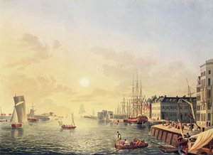 Udsigt over havnen og havnen i Le Havre, begyndelsen af det 19. århundrede (farvegravering) af Johann Heinrich (after) Luttringshausen