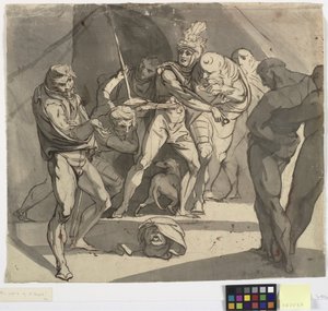 Richard Plantagenet kaster det afhuggede hoved af hertugen af Somerset for fødderne af sin far. Illustration til Shakespeares Henry VI, del 3, akt 1, linje 20