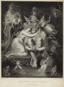 Titania kysser Bottom i en skærsommernatsdrøm af Johann Heinrich Füssli