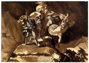 Heksene flyder over Macbeth og Banquo (Les sorcieres flottant au dessus de Macbeth et Banquo) - af Fussli (Fuseli), Johann Heinrich (1741-1825), - Pen, pensel, brunt indisk blæk, hvid farve, sort kridt på papir, 46,5x66,2 - Privat samling