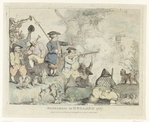 Øvelsen Genhør i Holland 1787 (titel på objekt) Fire engelske tegnefilm om patrioterne i 1787 (serietitel) af Johann Heinrich Ramberg