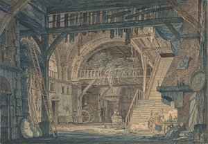 Scenografi af en gammel romersk ruin, der omdannes til en lade, slutningen af det 18.-midten af det 19. århundrede.