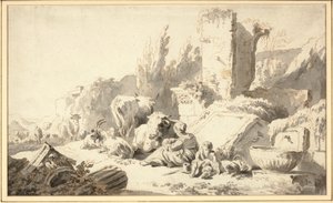 En fører med sin familie og kvæg ved siden af klassiske ruiner af Johann Heinrich Roos