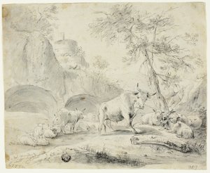Landskab med hyrde og får, ged, kvæg af Johann Heinrich Roos