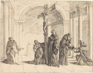 Et krucifiks i en kirke med de hellige Thomas Aquinas, Maria Magdalena, Albertus Magnus og andre