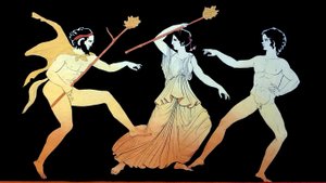 En satyr, en Maenad og en mandlig tilhænger af Dionysos danser i vanvid ca. 1796 (Kobberpladegravering)