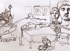 Johann Wolfgang Von Goethe i sit hus på Via del Corso i Rom. Tegning af Johann Heinrich Wilhelm Tischbein (1751-1829) (også kaldet Goethe-Tischbein eller Goethe Tischbein). sd. 1700-tallet.