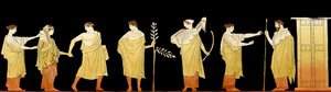 ung brud bliver ført til sin nye ægtemands hjem i et ægteskabsoptog under Artemis og Apollons vågent øje, ca. 1796 (kobberstik) af Johann Heinrich Wilhelm Tischbein