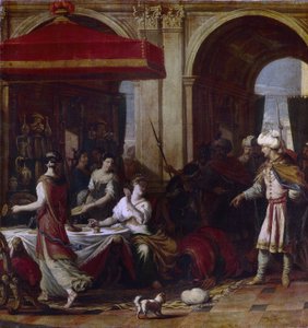 Esthers festmåltid (Esters festmåltid). Esther (Hadassah bat Avihail) kone til Assuerus, konge af Persien (Xerxes I, 519-465 f.Kr.), efter vesiren Hamans dekret om at udrydde rigets jøder, inviterede hun de to mænd til en banket, hvor hun