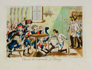 Østrigske soldater overrasker en fransk afdeling i deres kvarter i Bavai ... (kobberstik) af Johann Hieronymus Loeschenkohl