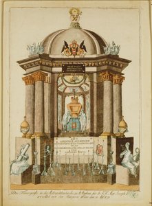 Begravelsesmonument (Castrum Doloris) rejst af borgerne i Wien til requiem-messen for kejseren (kobberstik) af Johann Hieronymus Loeschenkohl