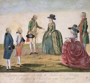 Møde mellem Josef II af Tyskland (1741-90) og kejserinde Katarina den Store (1729-96) i Koidak, 18. maj, 1787 (farvet kobberstik)