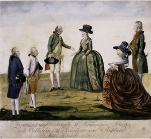 Møde mellem Katarina II og Josef II ved Dnepr på Ma... (farvestik) af Johann Hieronymus Loeschenkohl