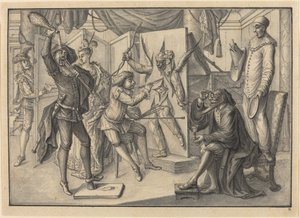 Mezzetin "maler" et portræt af Amor ved at klippe lærredet for at afsløre harlekin af Johann Jacob Schubler